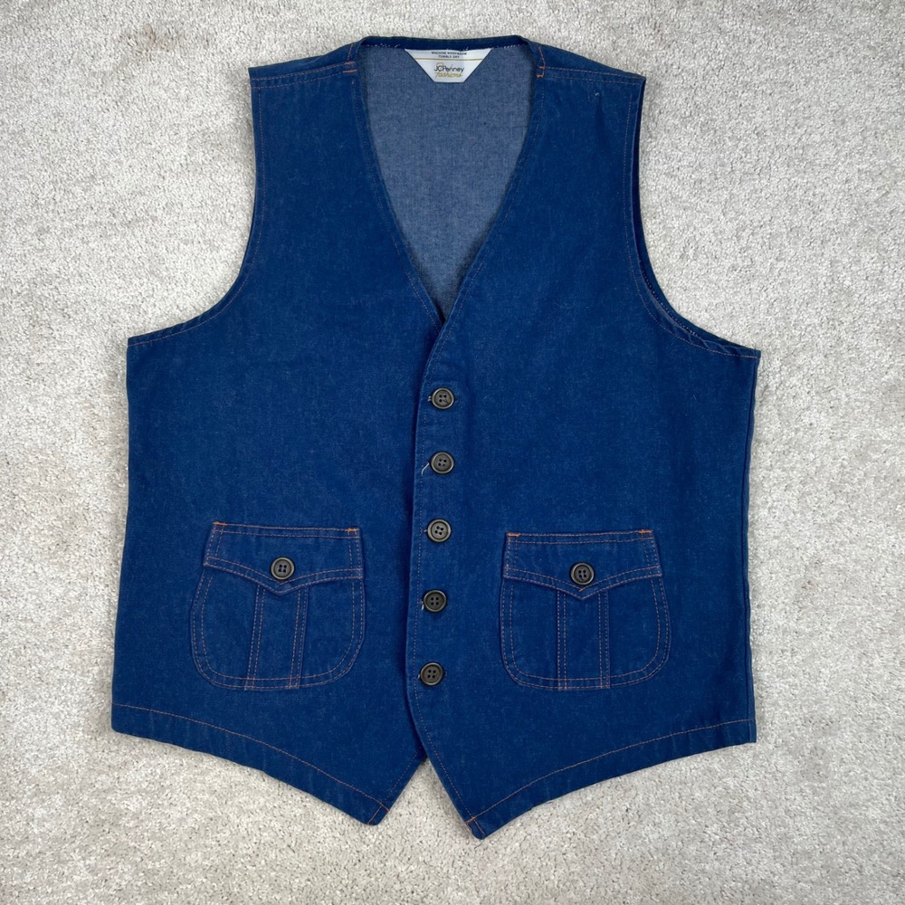 Vintage JCPenney Fashions Denim Vest Mens Blue Waistcoat Western Workwear 70s
